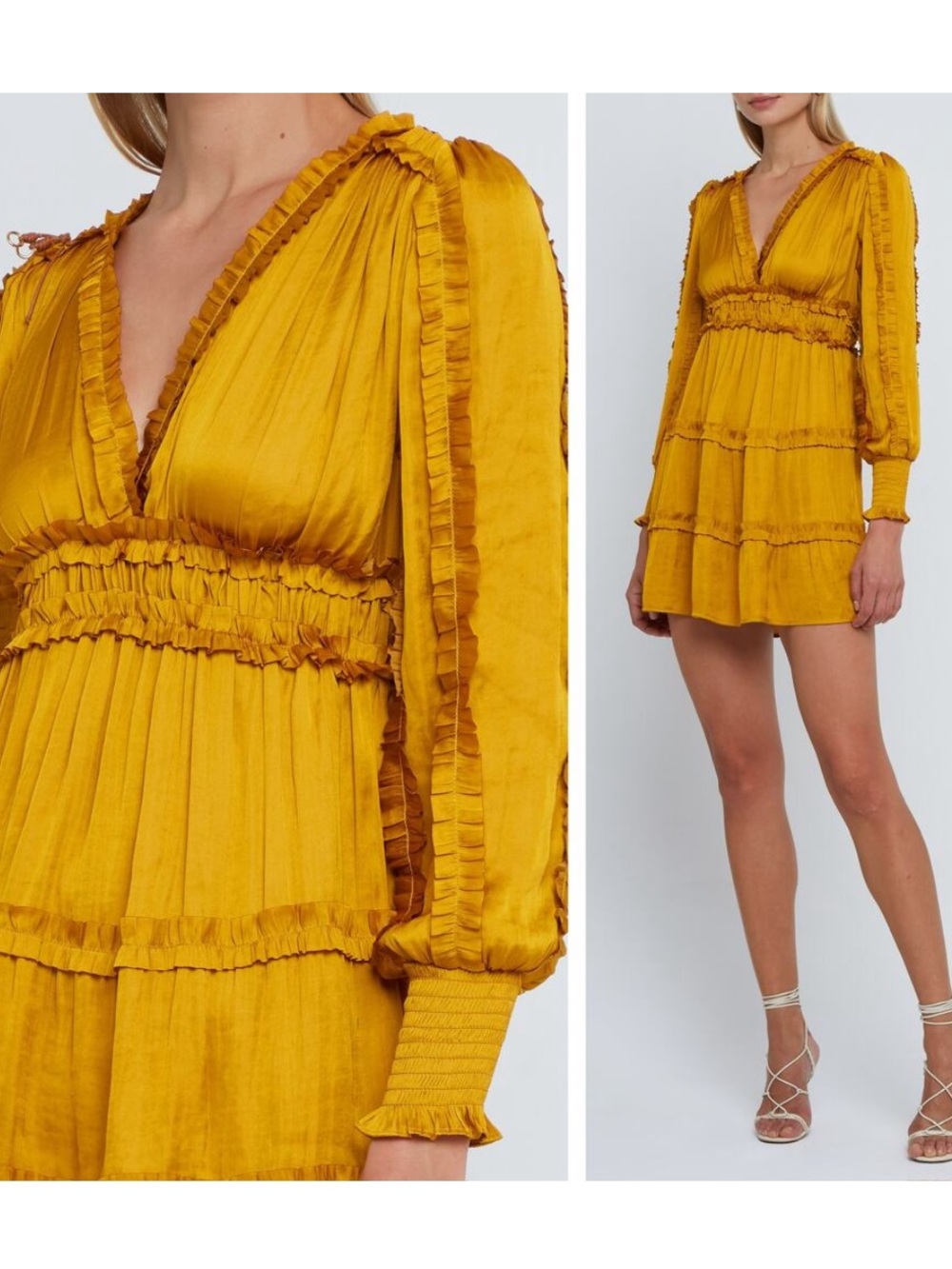 Few Moda X o.p.t Tianna Mini Dress - Gold Pleated Ruffle Smocked Cuffs Small NEW